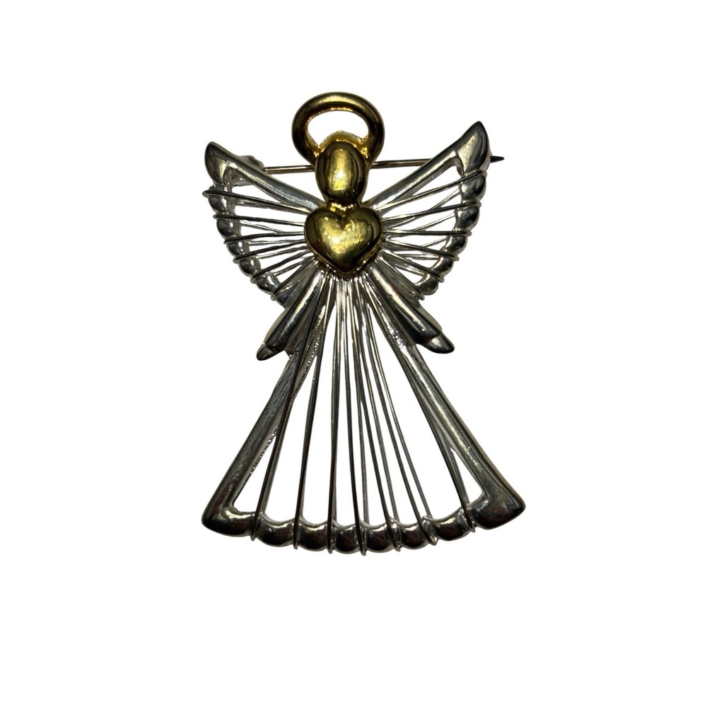 Vintage Signed TC Silver Tone Guardian Angel Gold Heart Accent Brooch Pin